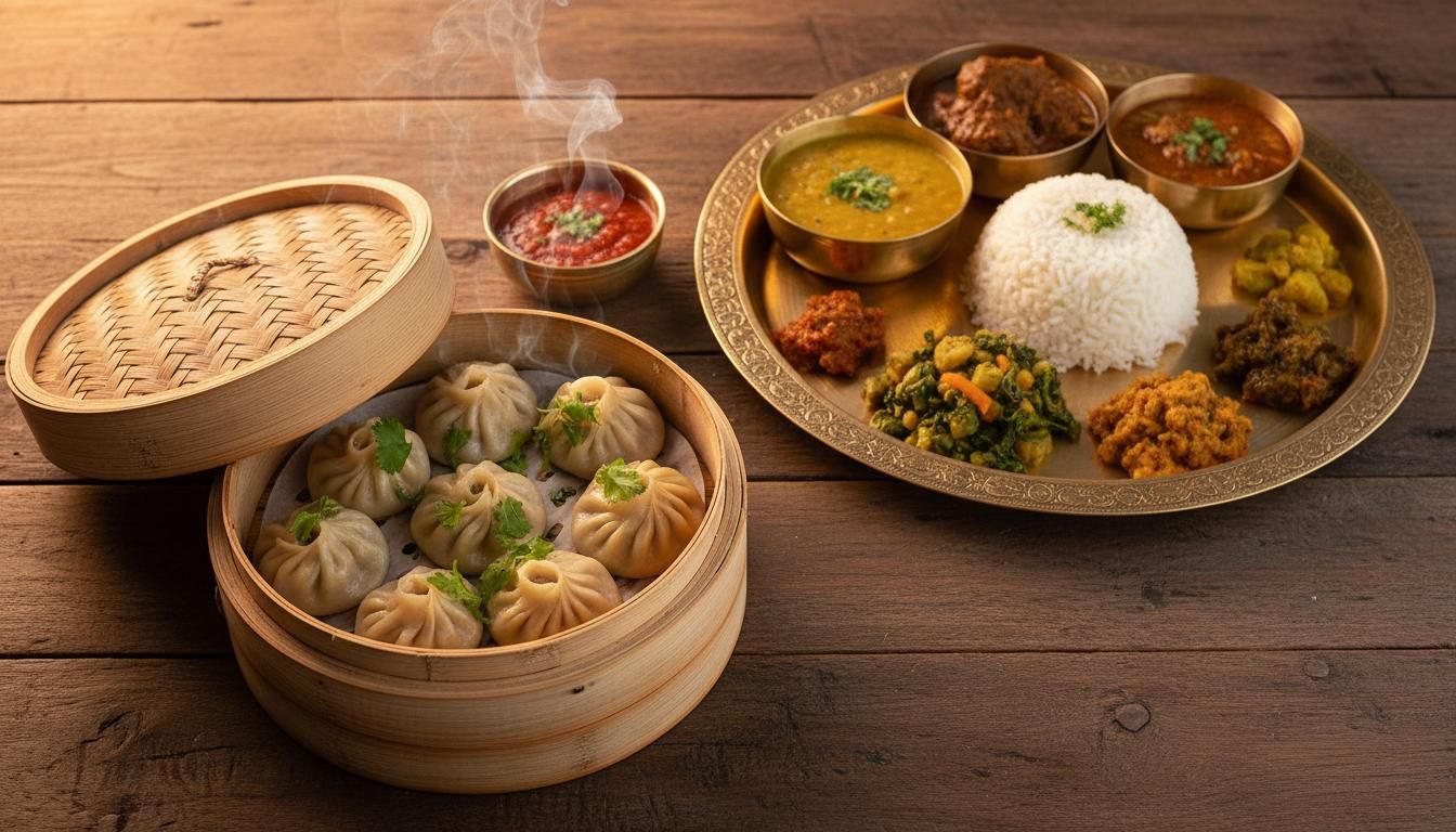 Steamed momo in a bamboo basket next to a Nepali thali with rice, dal and curries